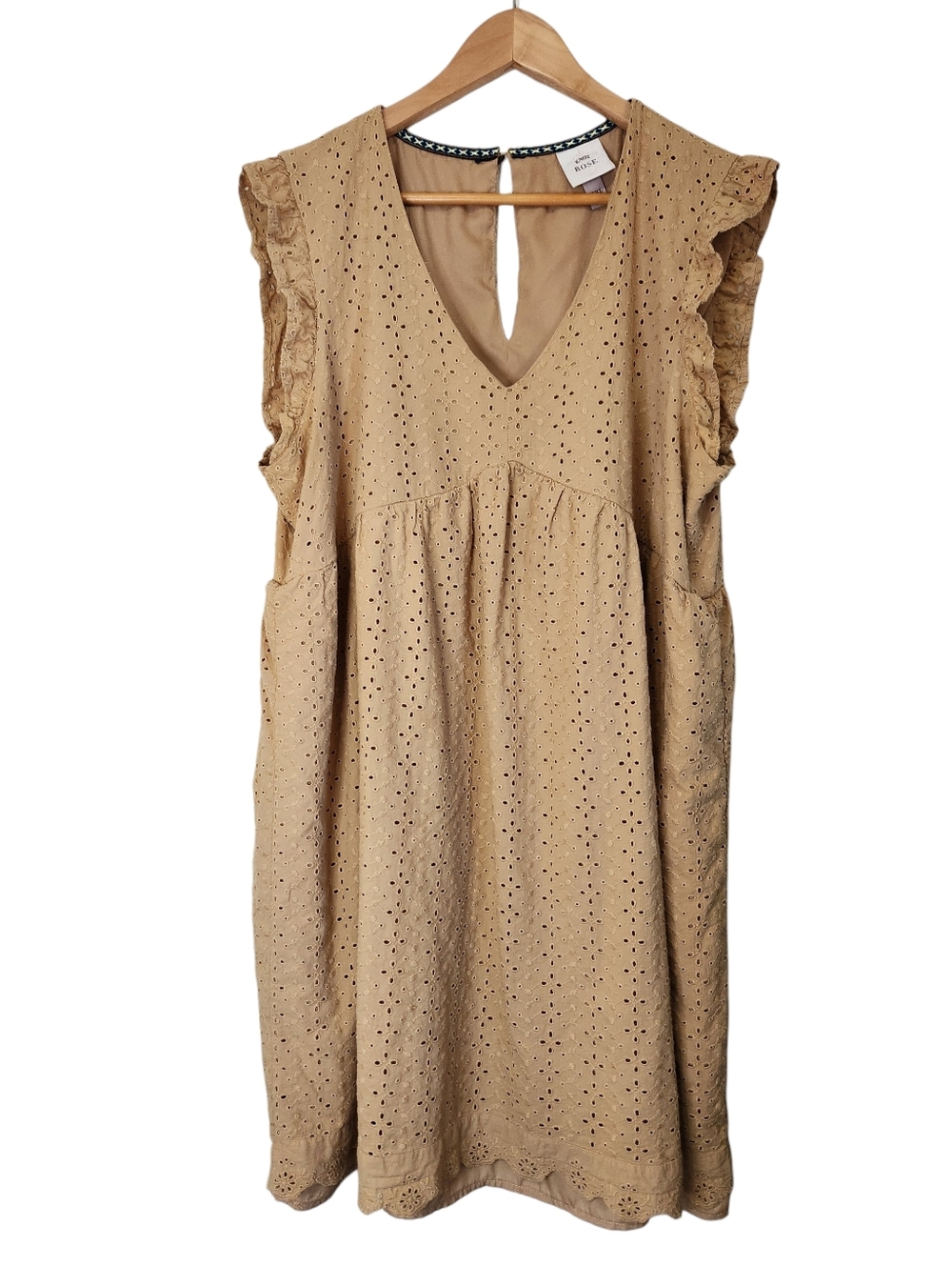 Knox Rose Women's Ruffle Sleeve Eyelet Dress Tan Mustard Yellow XXL